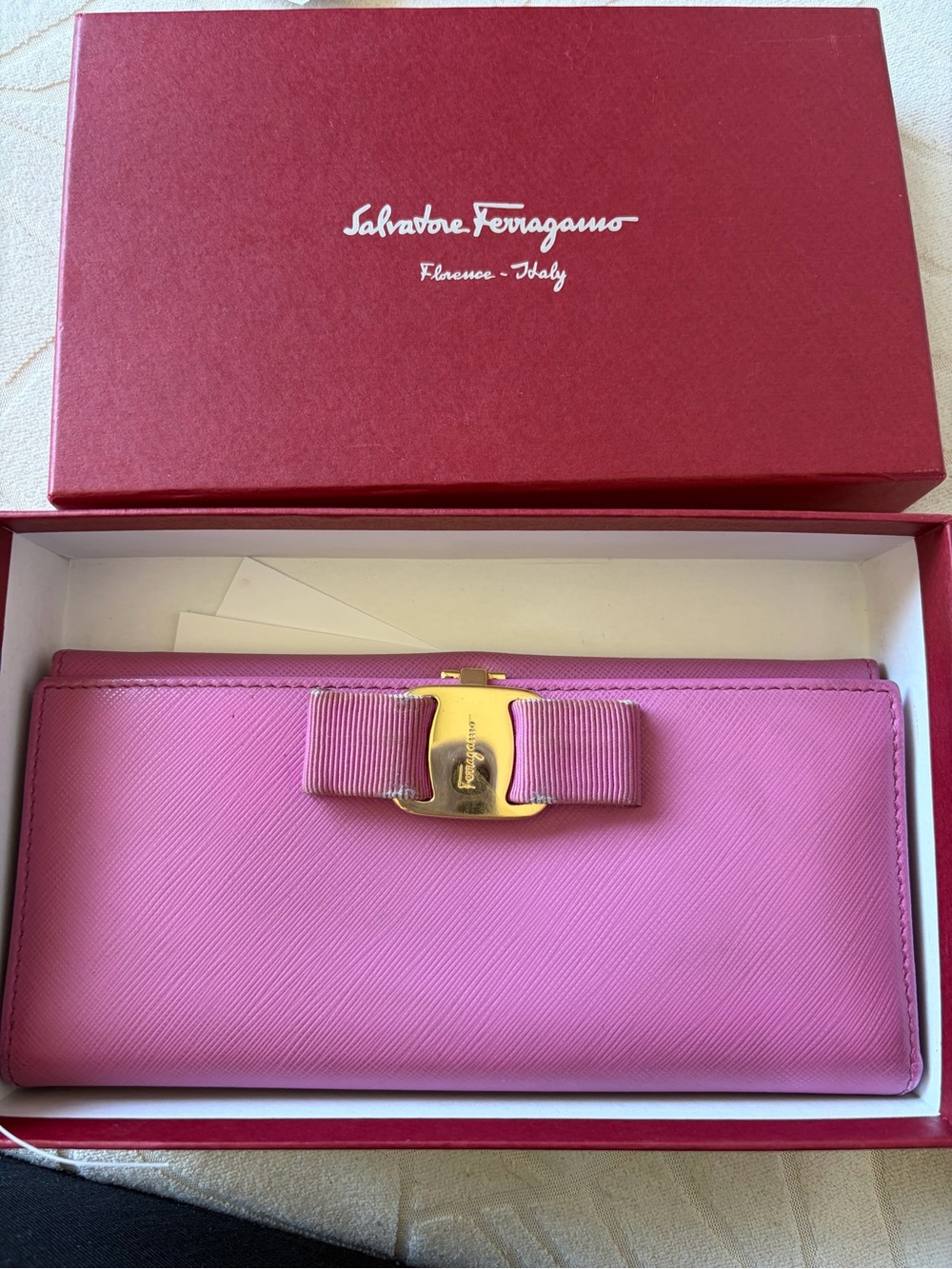 Salvatore Ferragamo Pink Leather Wallet with Gold Bow Accent